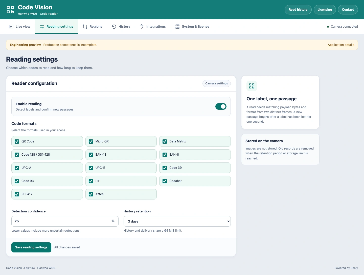 Actual Hanwha Code Vision code-format settings in the engineering preview