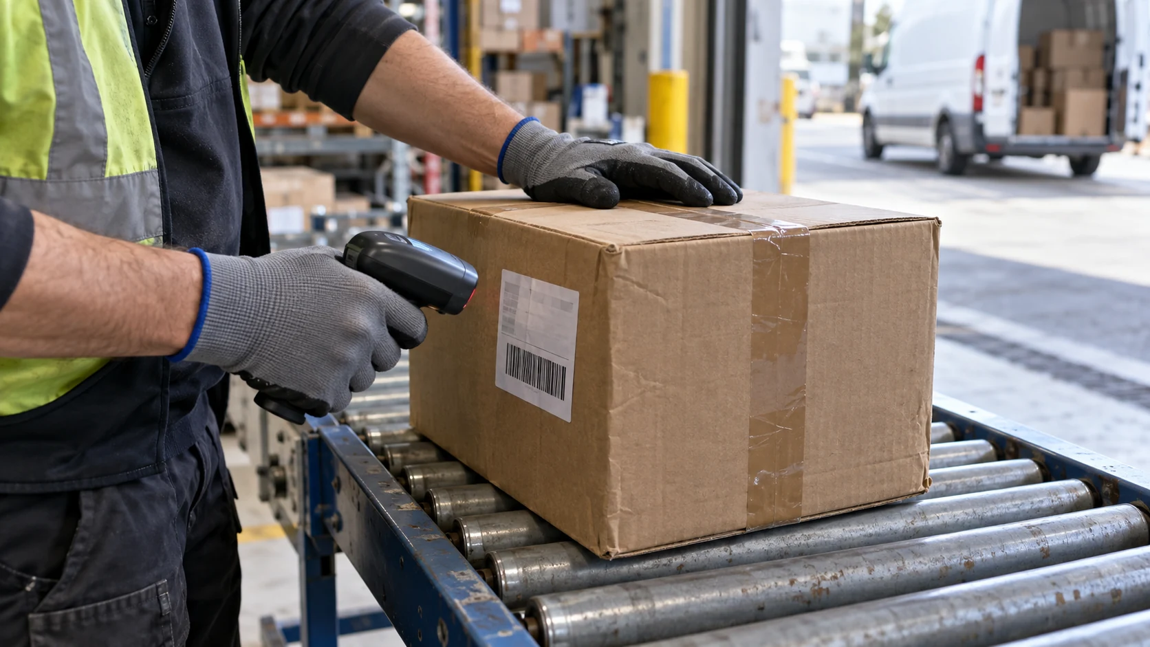 Worker scanning a barcode on a parcel at a warehouse conveyor.