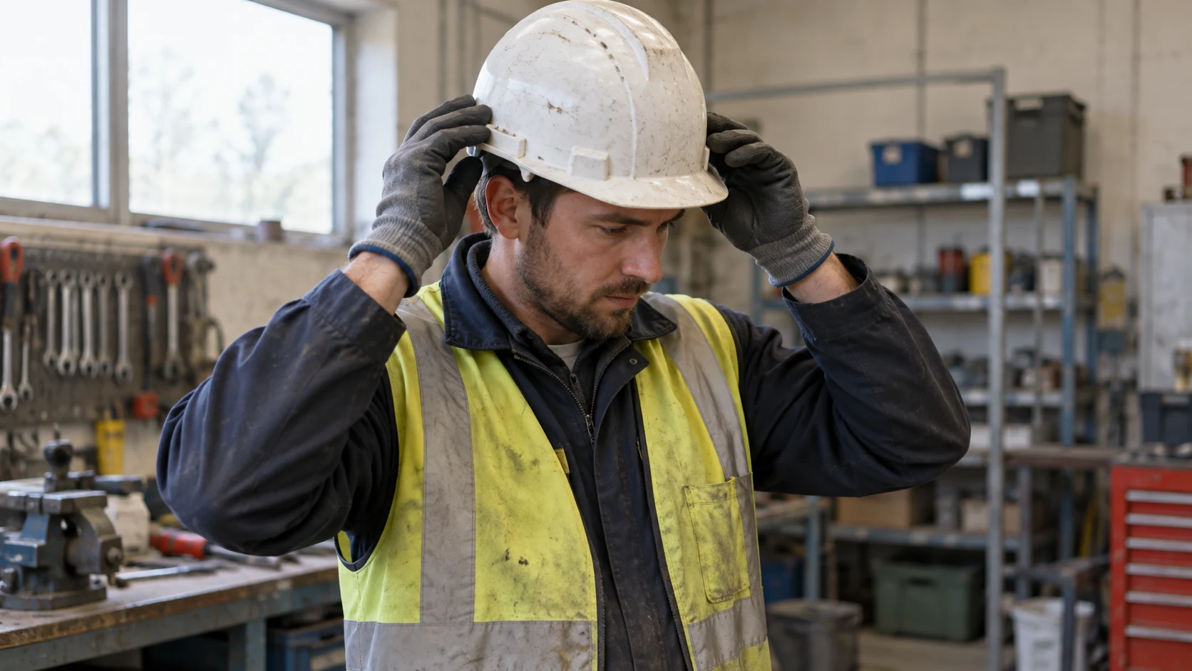 Worker putting on a protective helmet in a workshop.